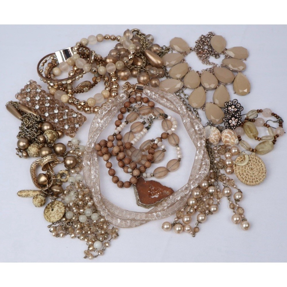 Peach Ivory Gold Jewelry Lot (16) Statement Necklace VTG - Modern